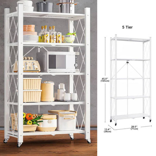 5 Tier White Heavy Duty Foldable Metal Organizer Shelves With Wheels